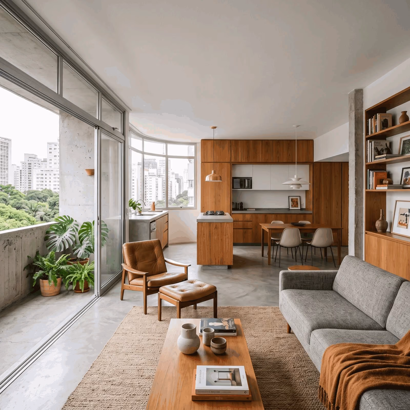 Sala integrada com cozinha e varanda de um apartamento modernista em Higienópolis